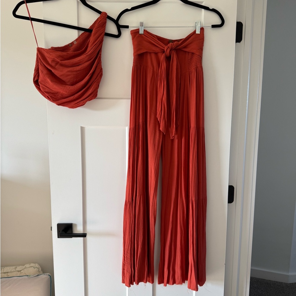 Free People FP One Palermo Wide Leg pants set viscose in coral
